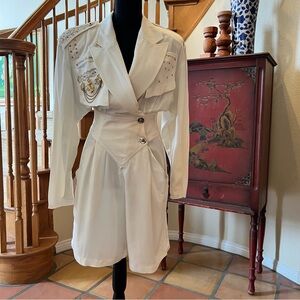 Vintage white Cache jumpsuit romper embellished shoulders, beads, rhinestones